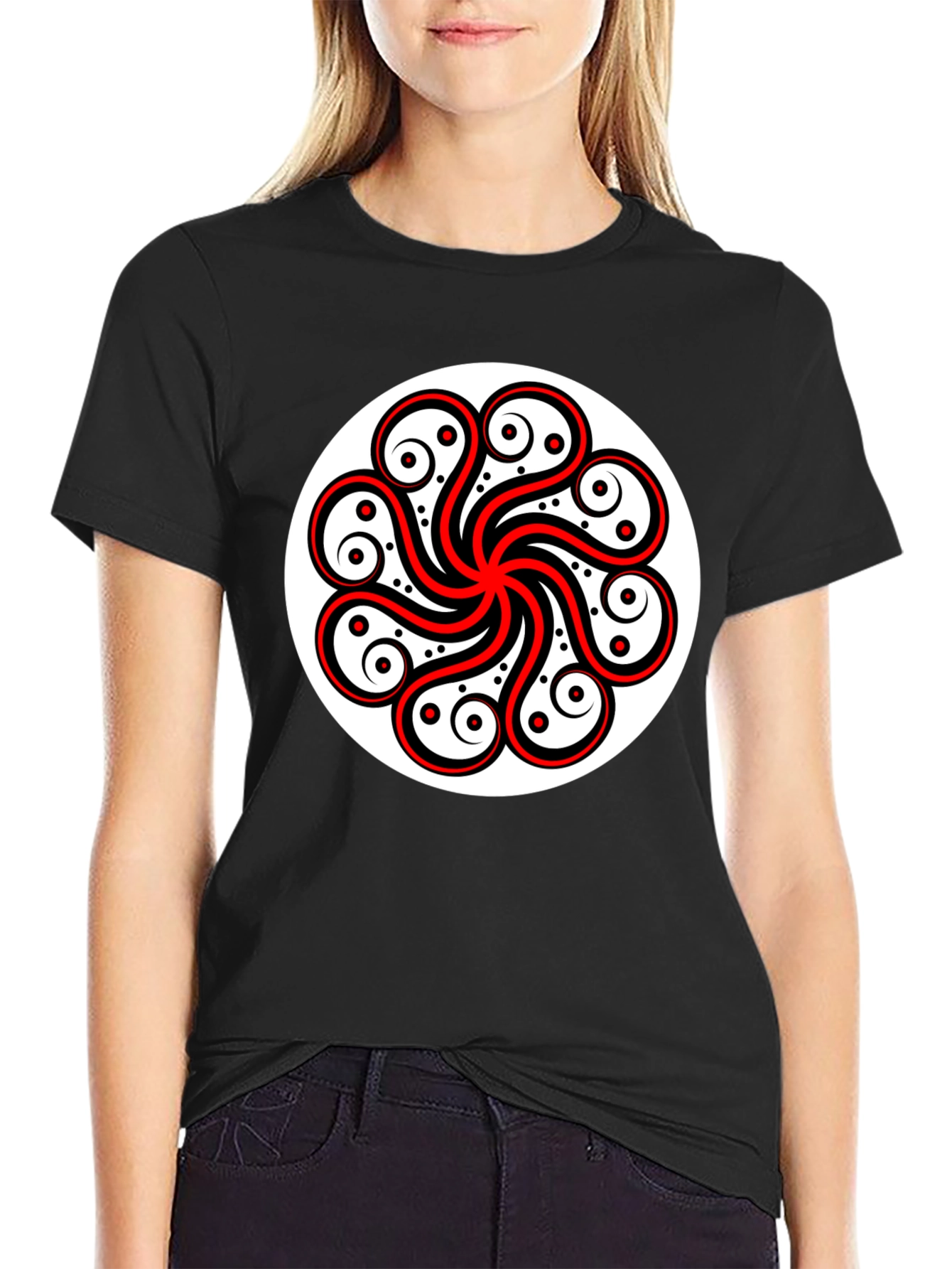 Black Tee with Red & White Celtic Design