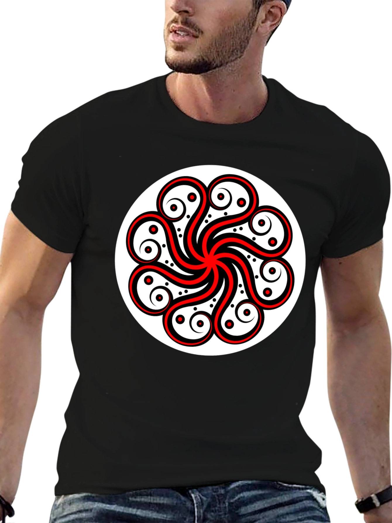Black Tee with Red & White Celtic Design