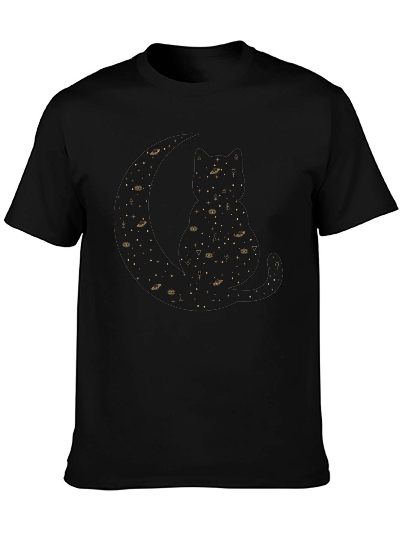 Celestial Cat Black T-Shirt - Cosmic Feline Design