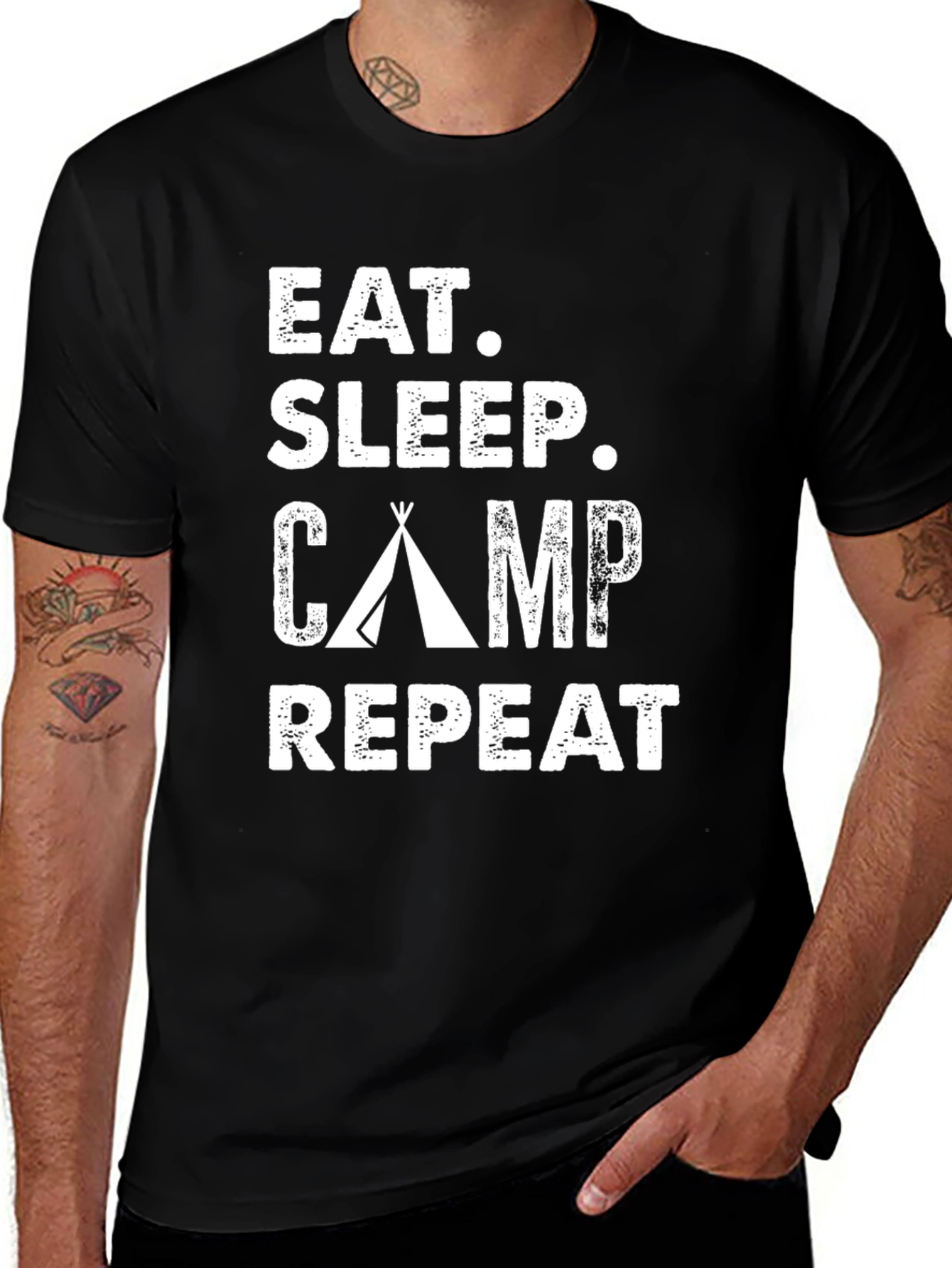 Eat Sleep Camp Repeat Black Graphic T-Shirt