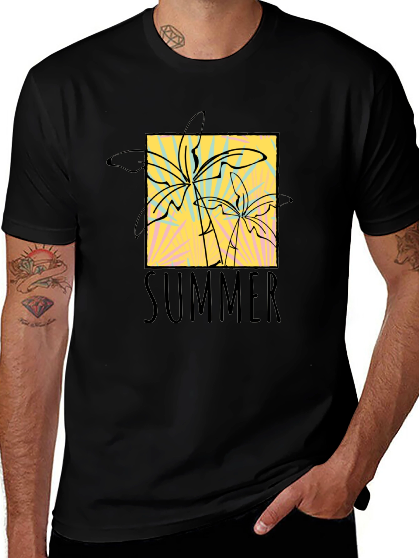 Summer Palms Graphic Tee - Black Cotton T-Shirt
