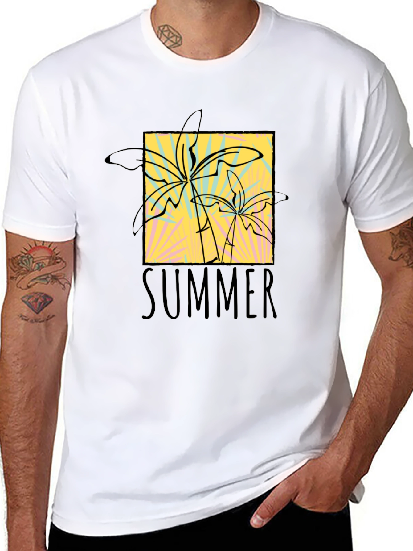 Summer Palms Graphic Tee - Black Cotton T-Shirt