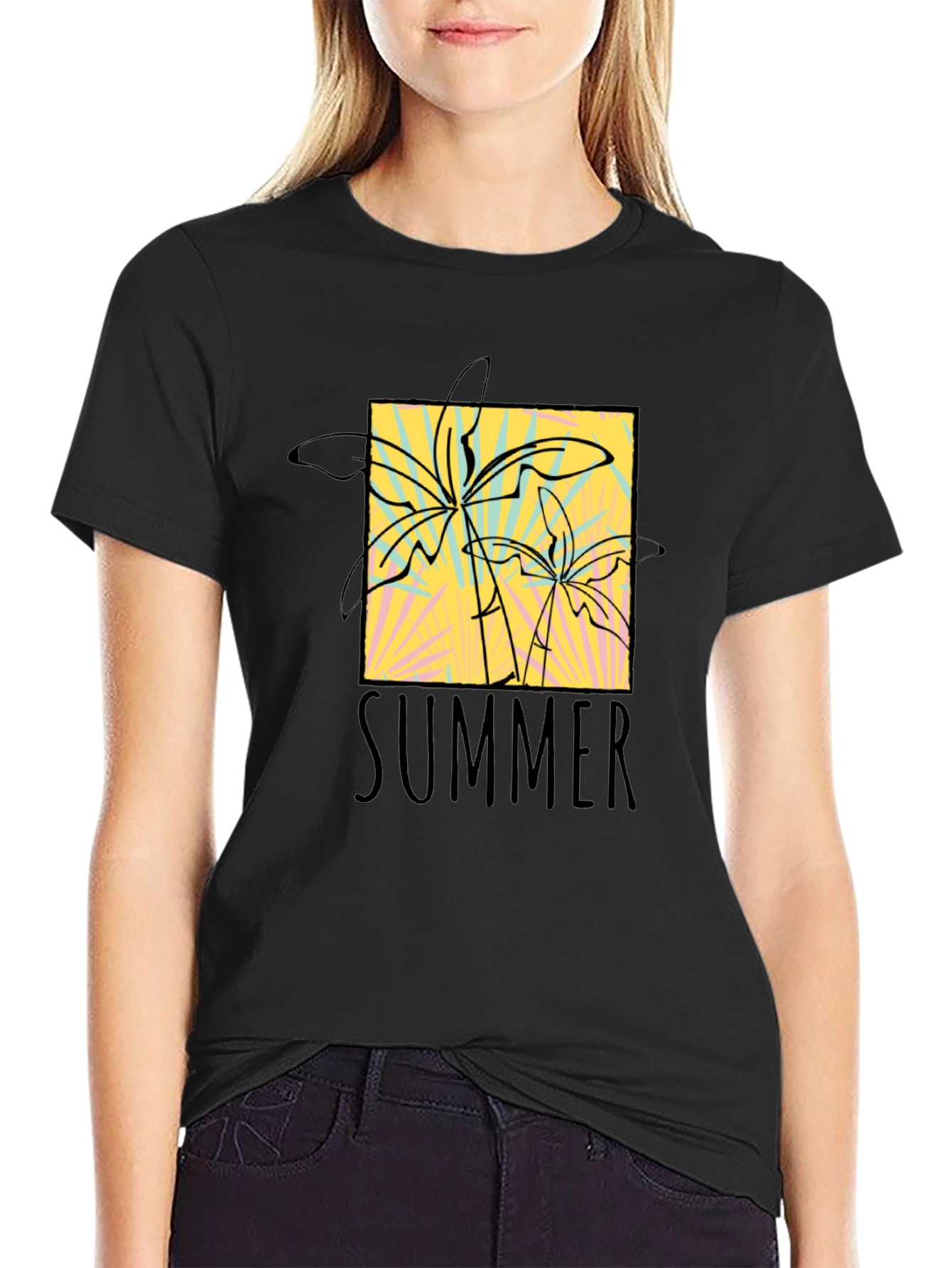 Summer Palms Graphic Tee - Black Cotton T-Shirt
