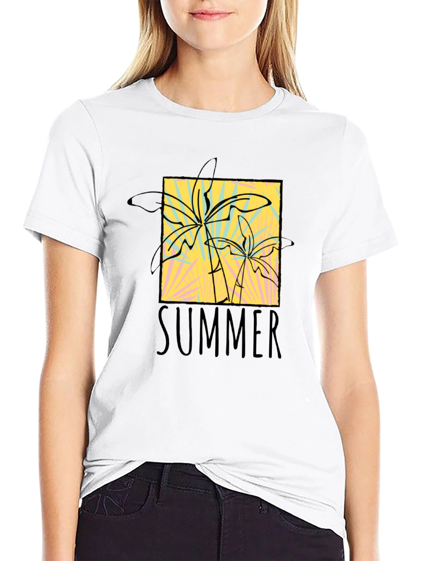 Summer Palms Graphic Tee - Black Cotton T-Shirt