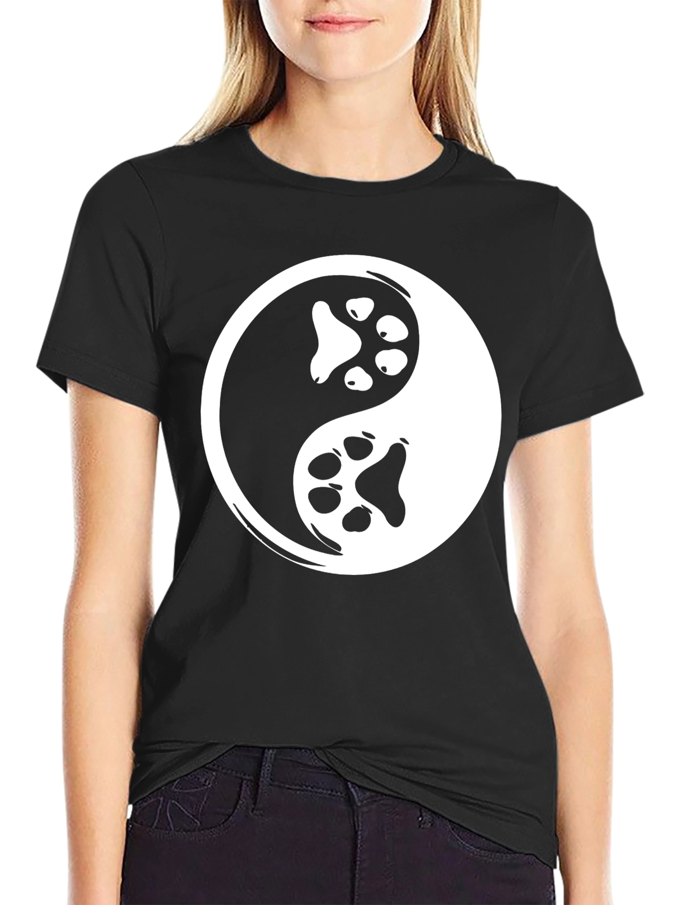 Yin Yang Paw Print Graphic Tee - Black