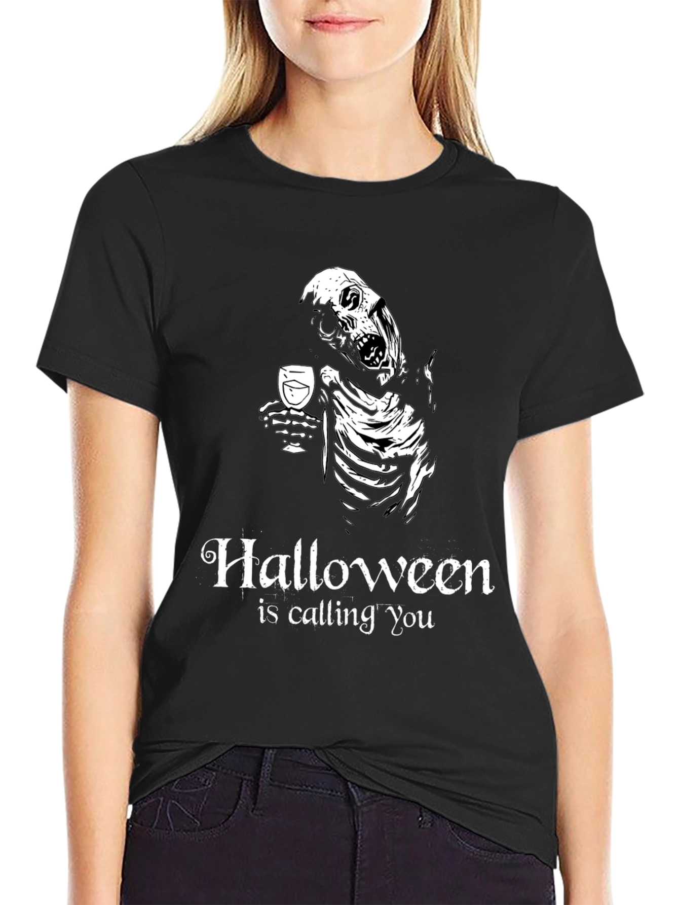 Halloween Skeleton Drinking Wine T-Shirt