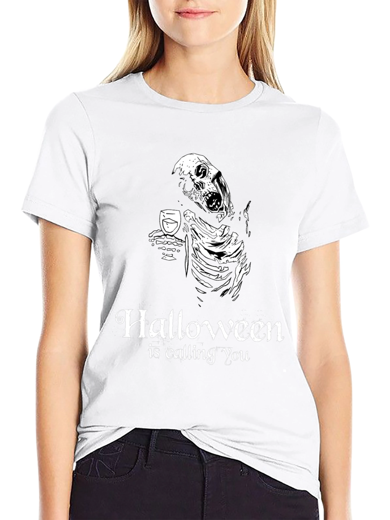Halloween Skeleton Drinking Wine T-Shirt