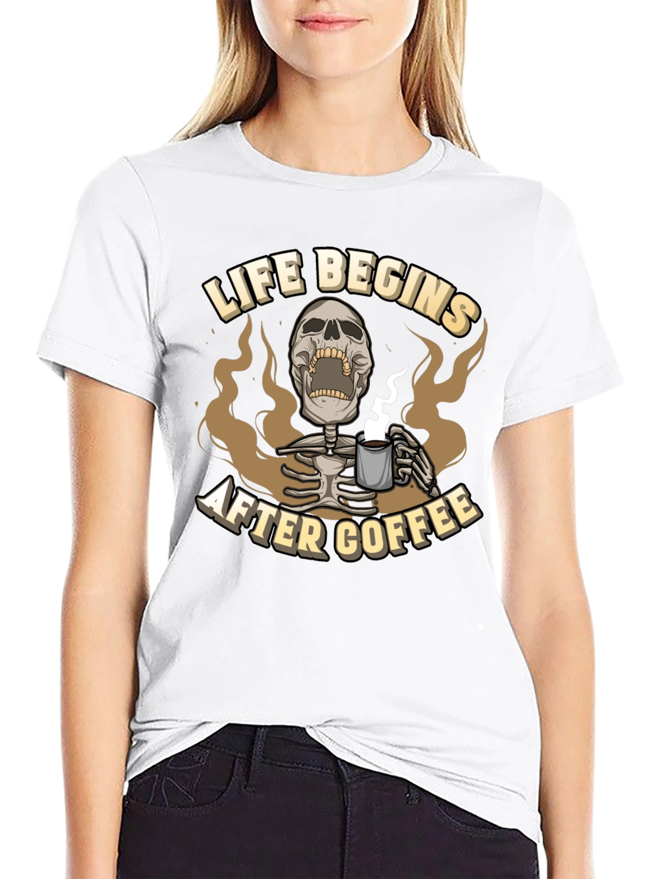 Life Begins After Coffee Graphic Tee - Skeleton Design