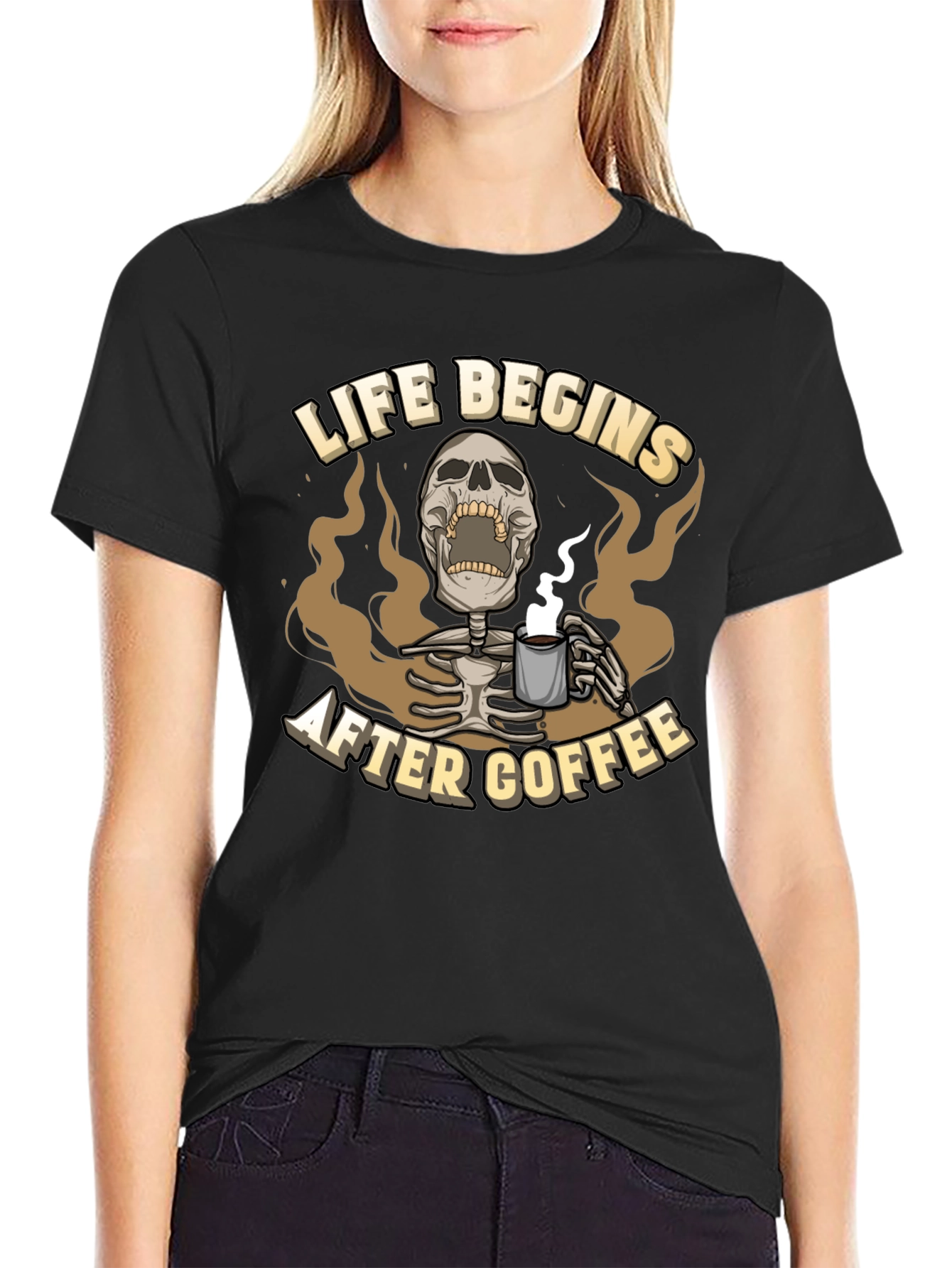 Life Begins After Coffee Graphic Tee - Skeleton Design