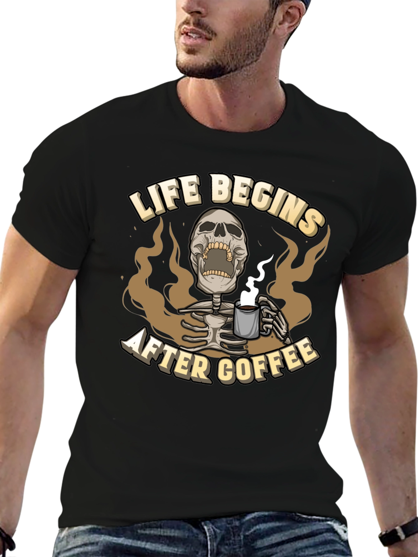 Life Begins After Coffee Graphic Tee - Skeleton Design
