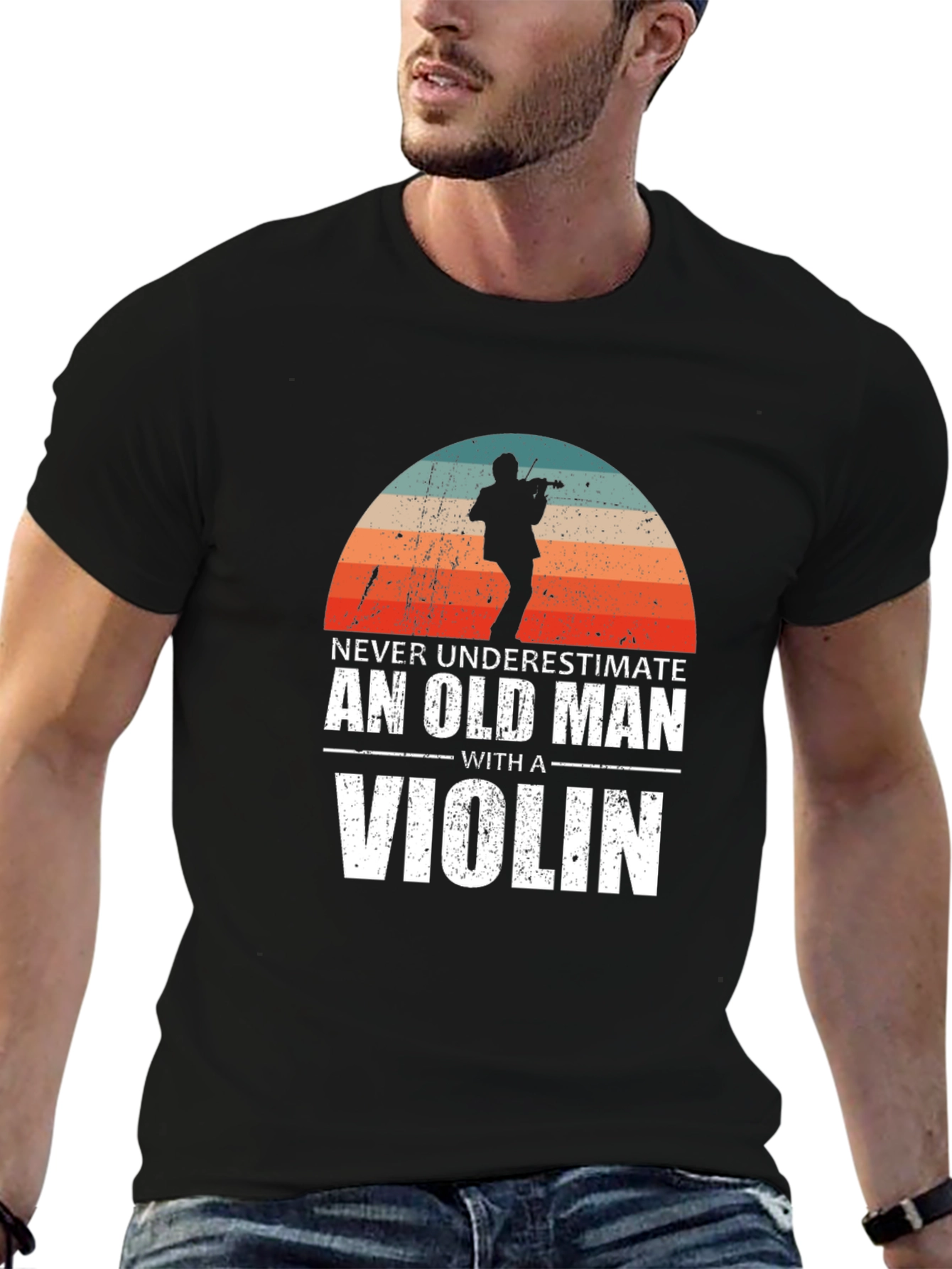 Never Underestimate Old Man Violin Black T-Shirt