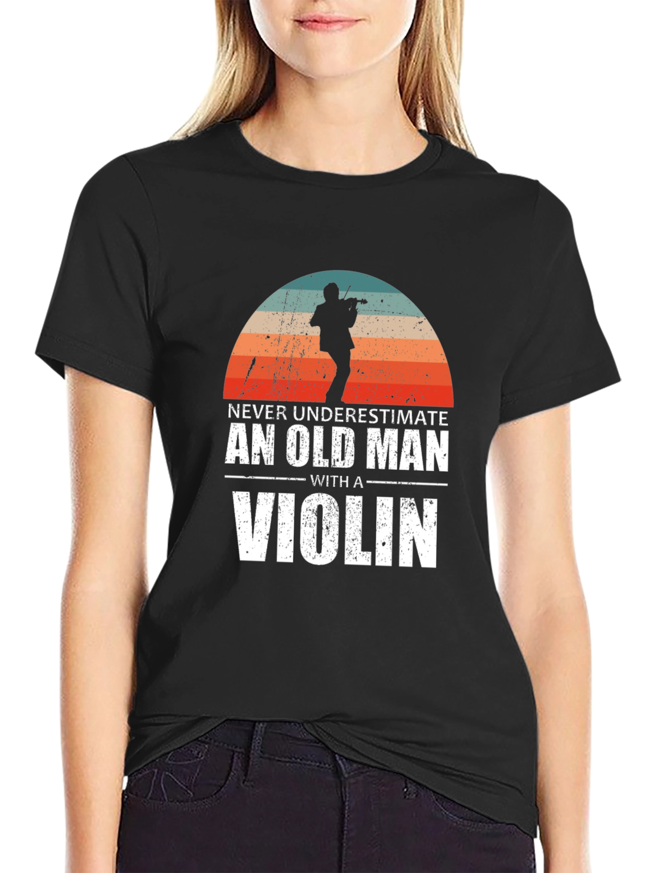 Never Underestimate Old Man Violin Black T-Shirt