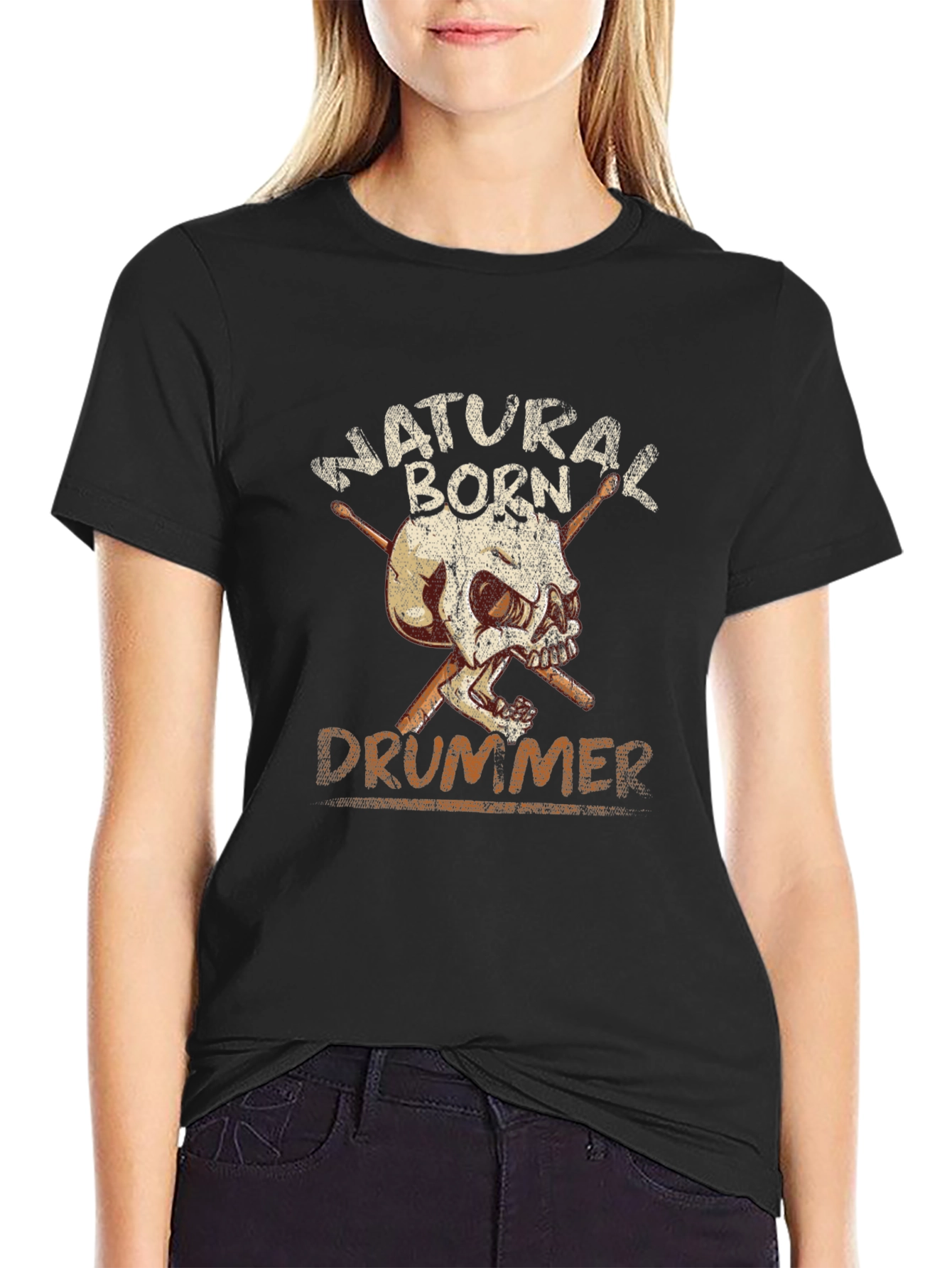 Natural Born Drummer Skull Graphic T-Shirt