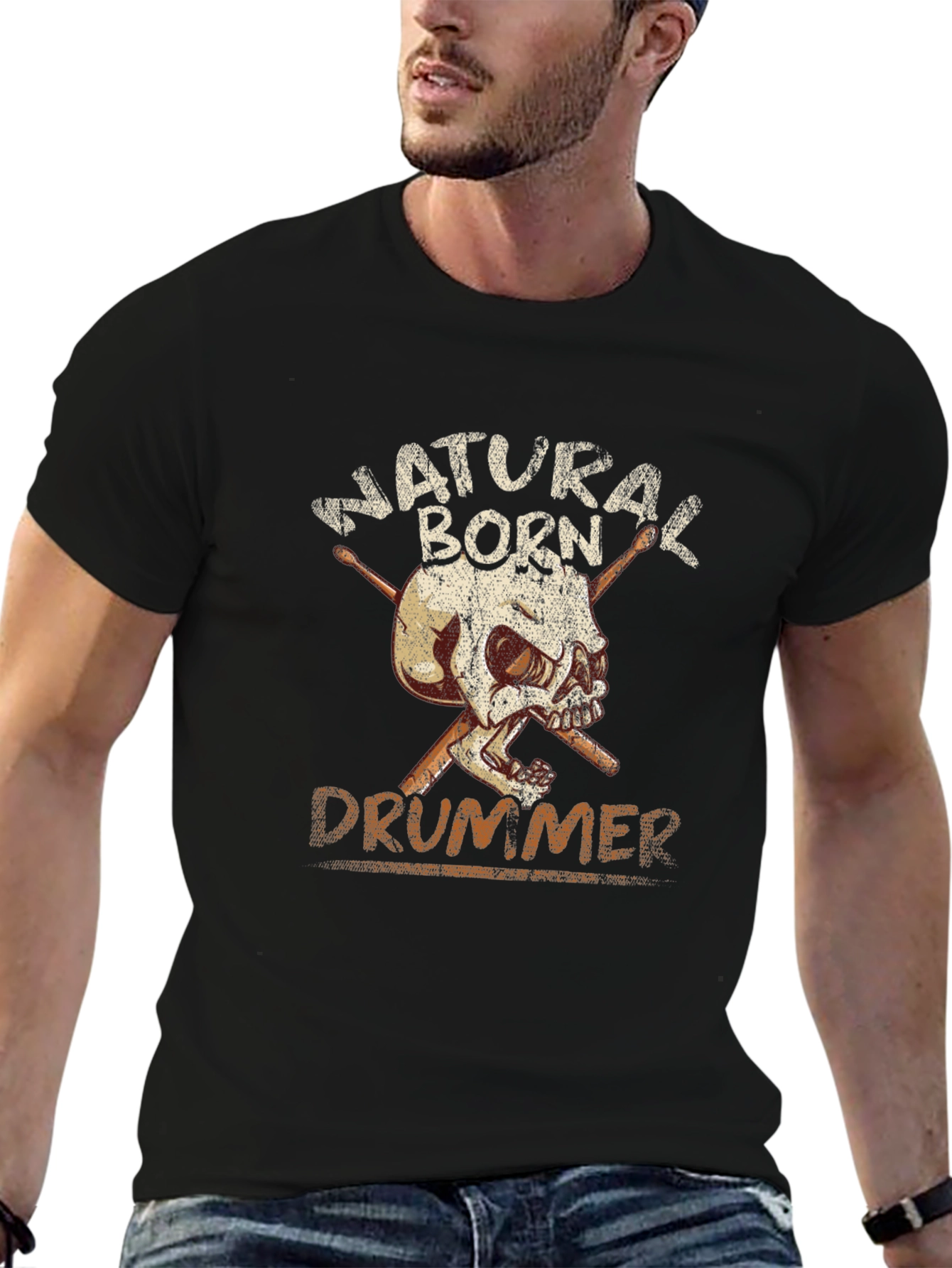 Natural Born Drummer Skull Graphic T-Shirt