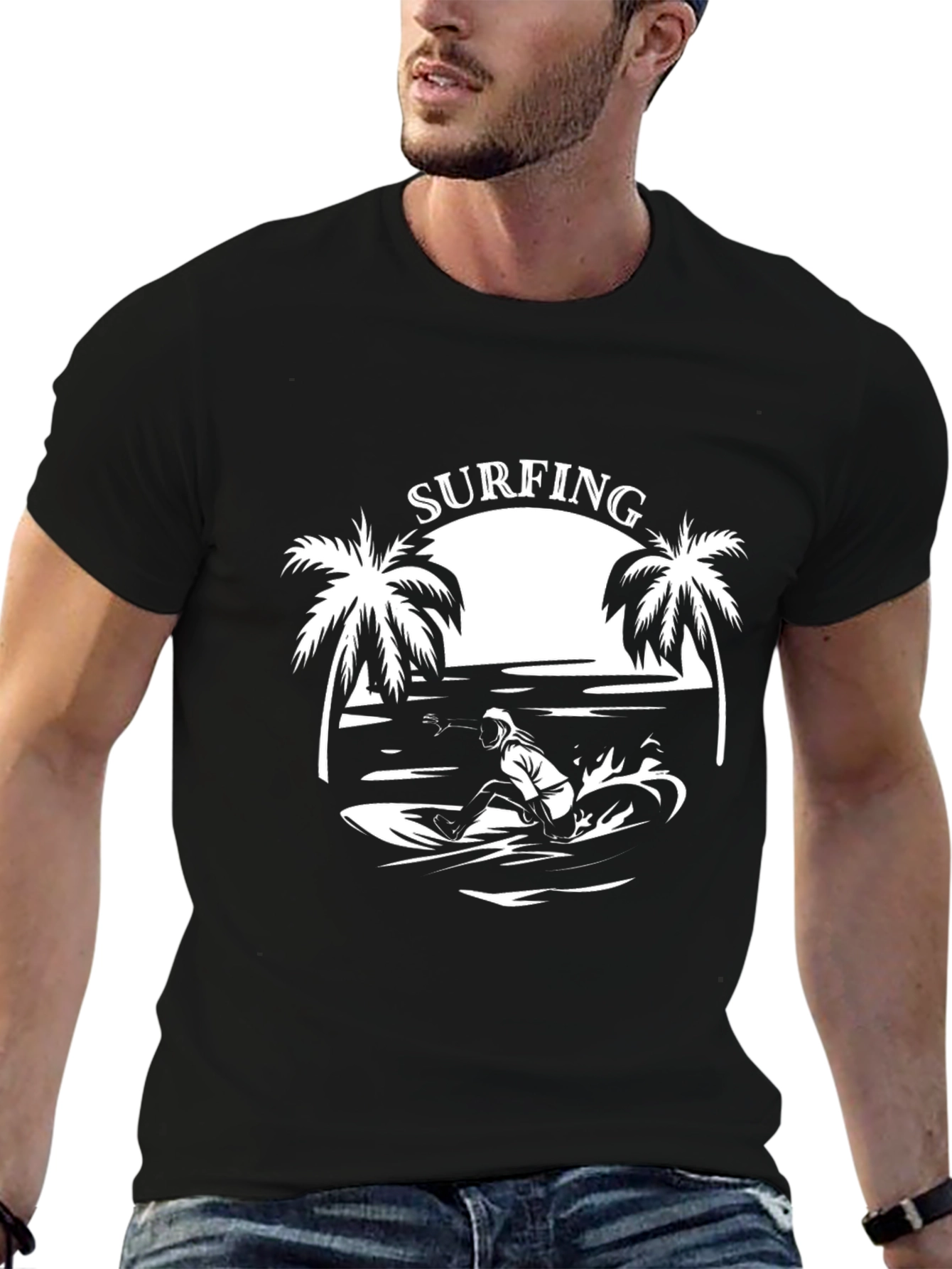 Surfing Graphic Tee - Black Cotton T-Shirt