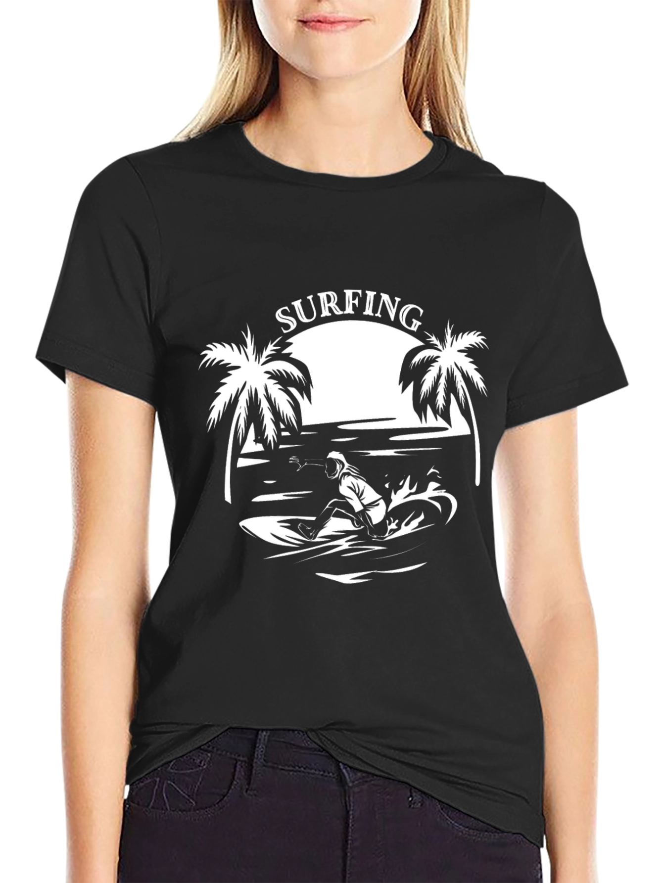 Surfing Graphic Tee - Black Cotton T-Shirt