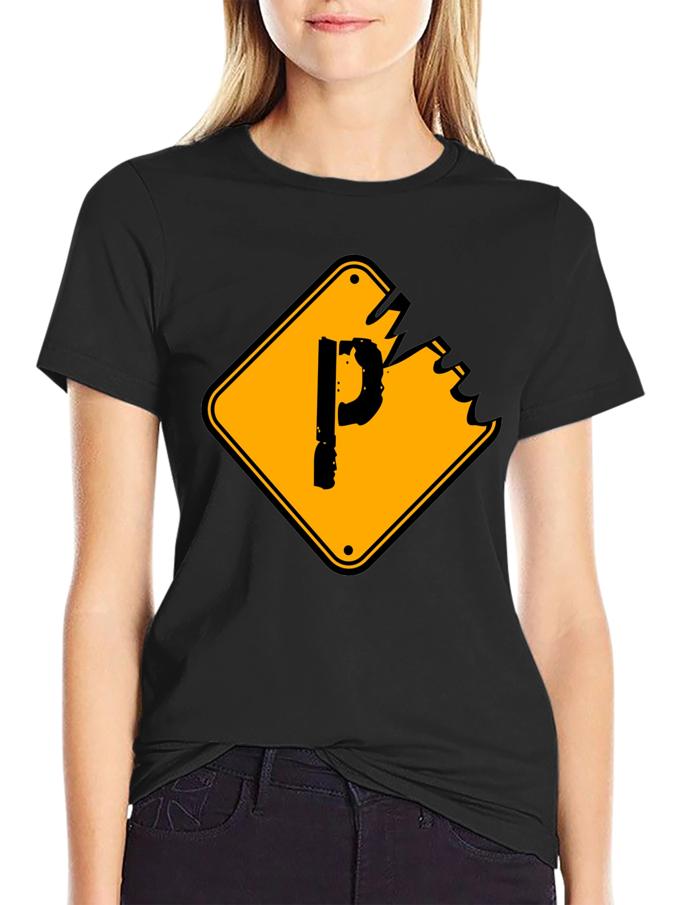 Mens Black Graphic T-Shirt - Novelty P Sign Design