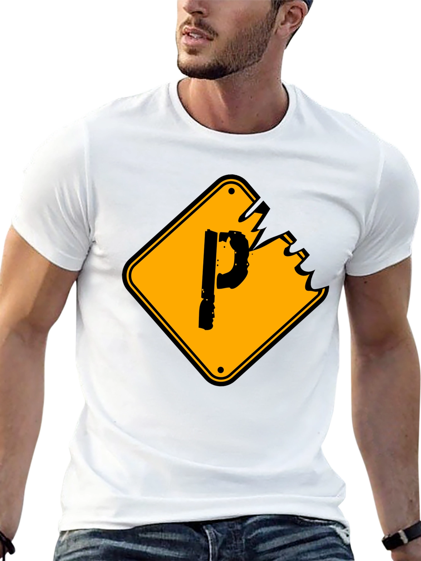 Mens Black Graphic T-Shirt - Novelty P Sign Design
