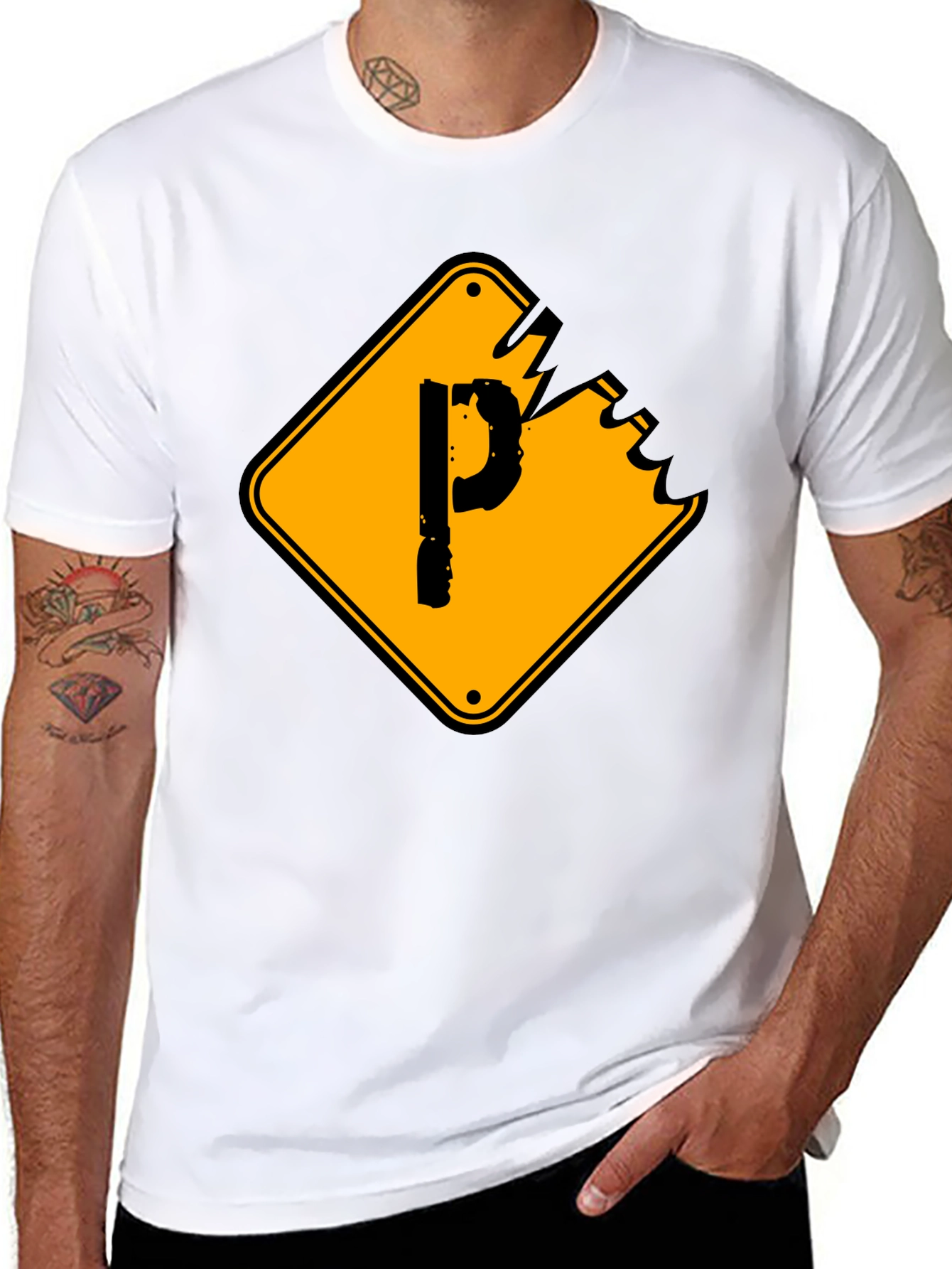 Mens Black Graphic T-Shirt - Novelty P Sign Design