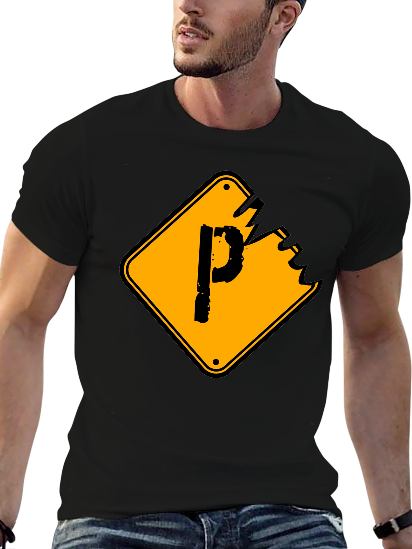 Mens Black Graphic T-Shirt - Novelty P Sign Design