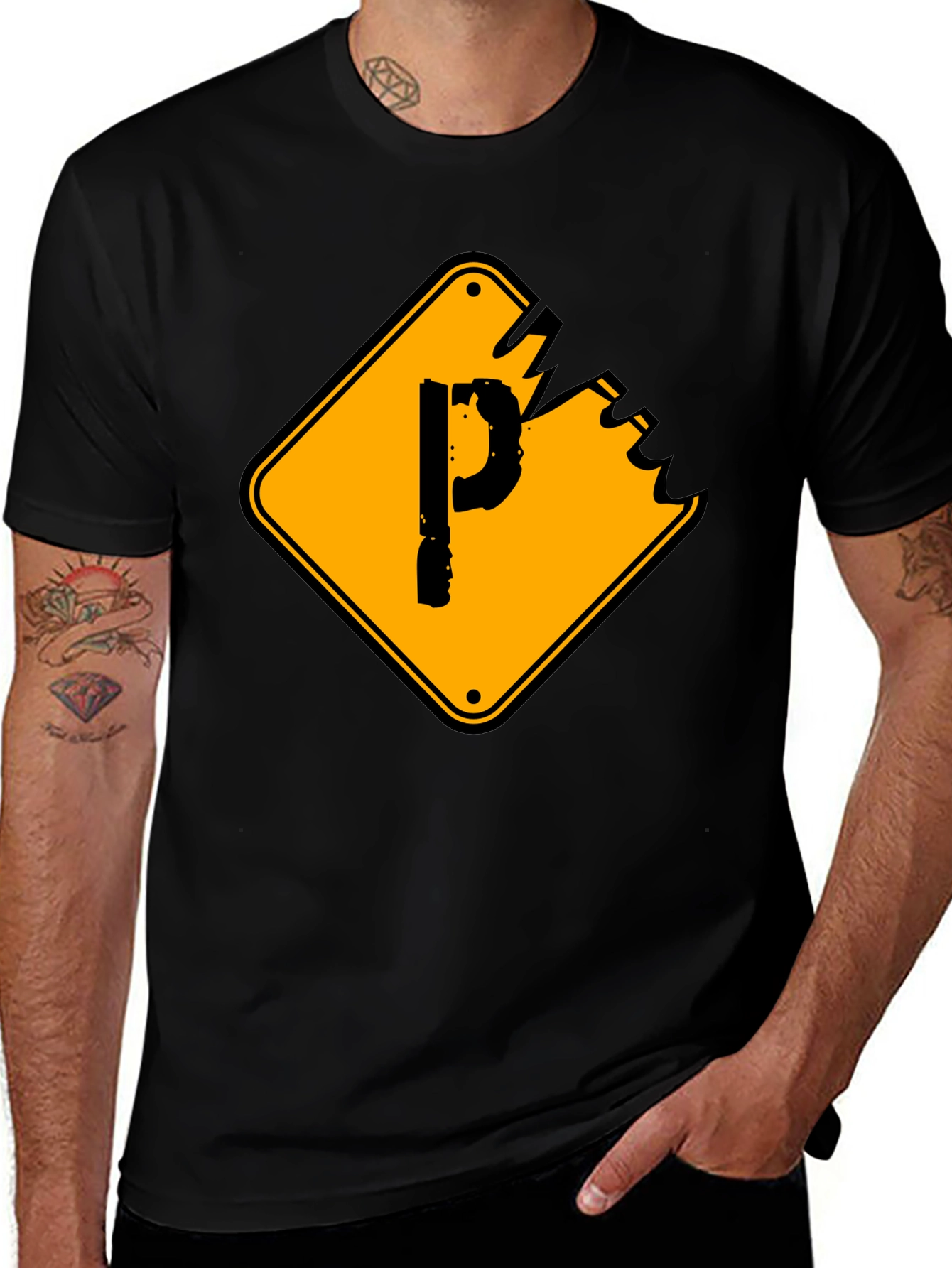 Mens Black Graphic T-Shirt - Novelty P Sign Design