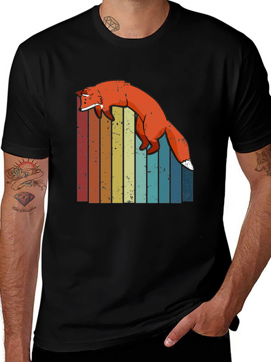 Retro Fox Graphic Tee - Vintage Striped Design