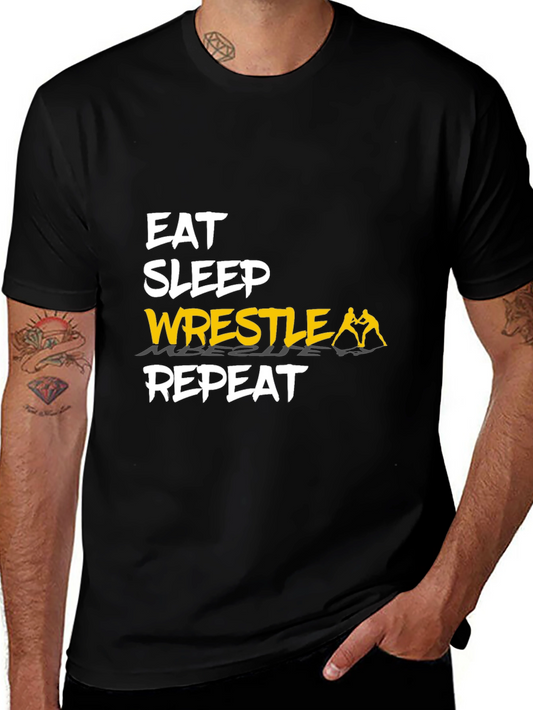 Eat Sleep Wrestle Repeat Black Graphic T-Shirt