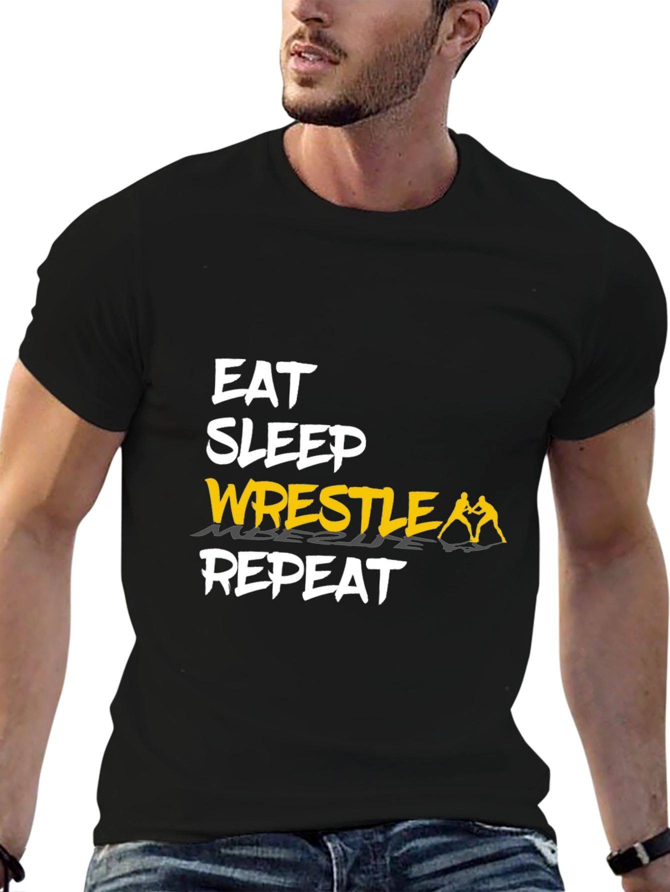 Eat Sleep Wrestle Repeat Black Graphic T-Shirt