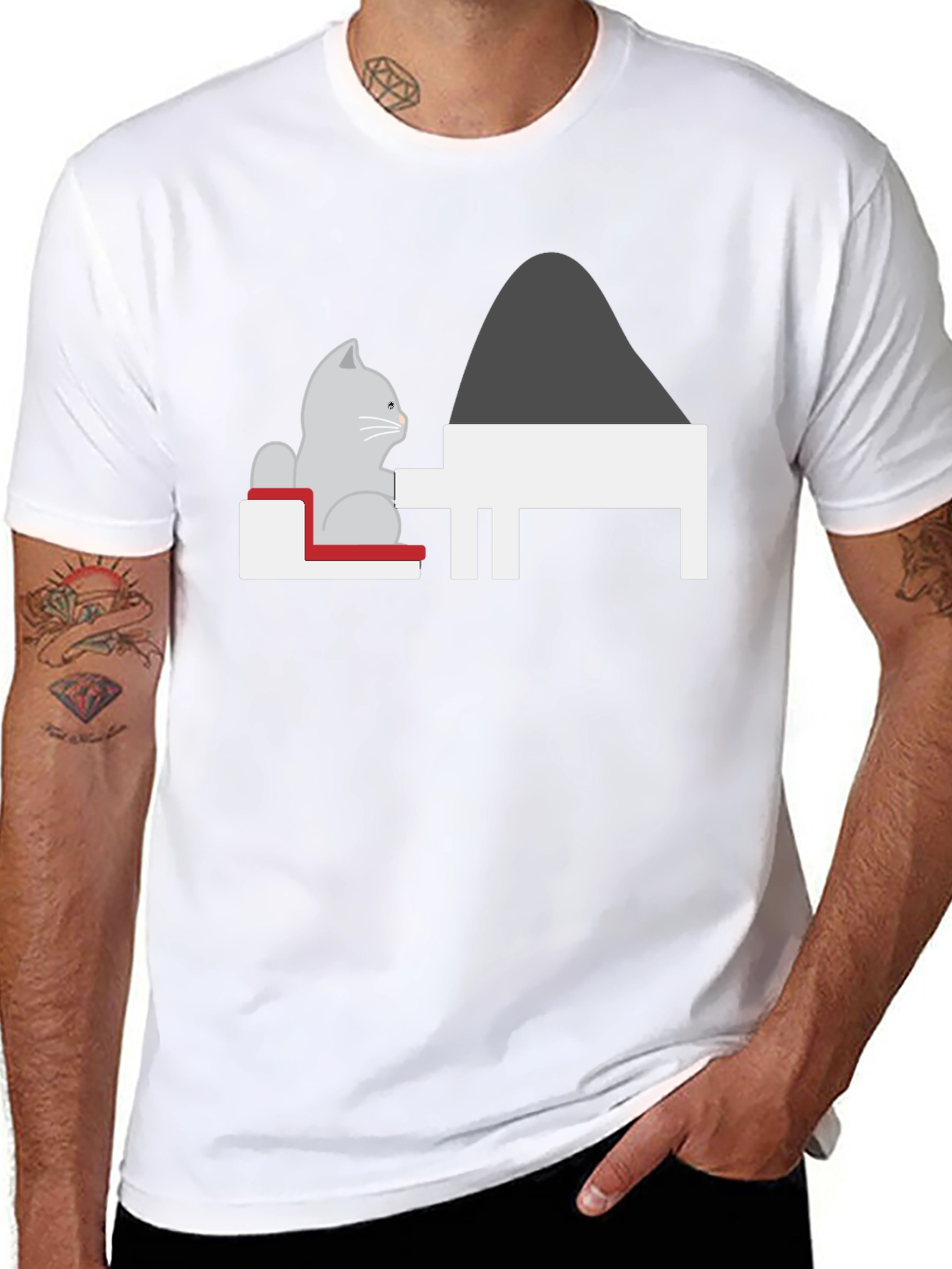 Cat at Piano T-Shirt - Black Unique Design