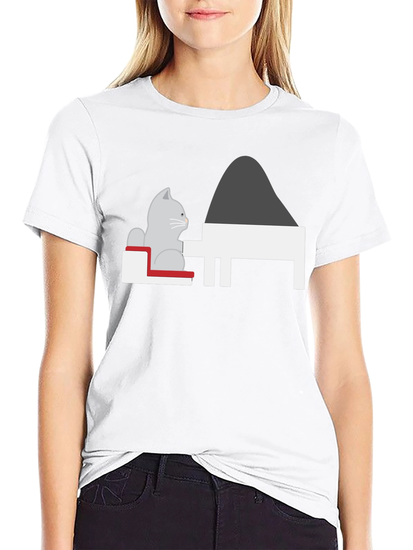 Cat at Piano T-Shirt - Black Unique Design