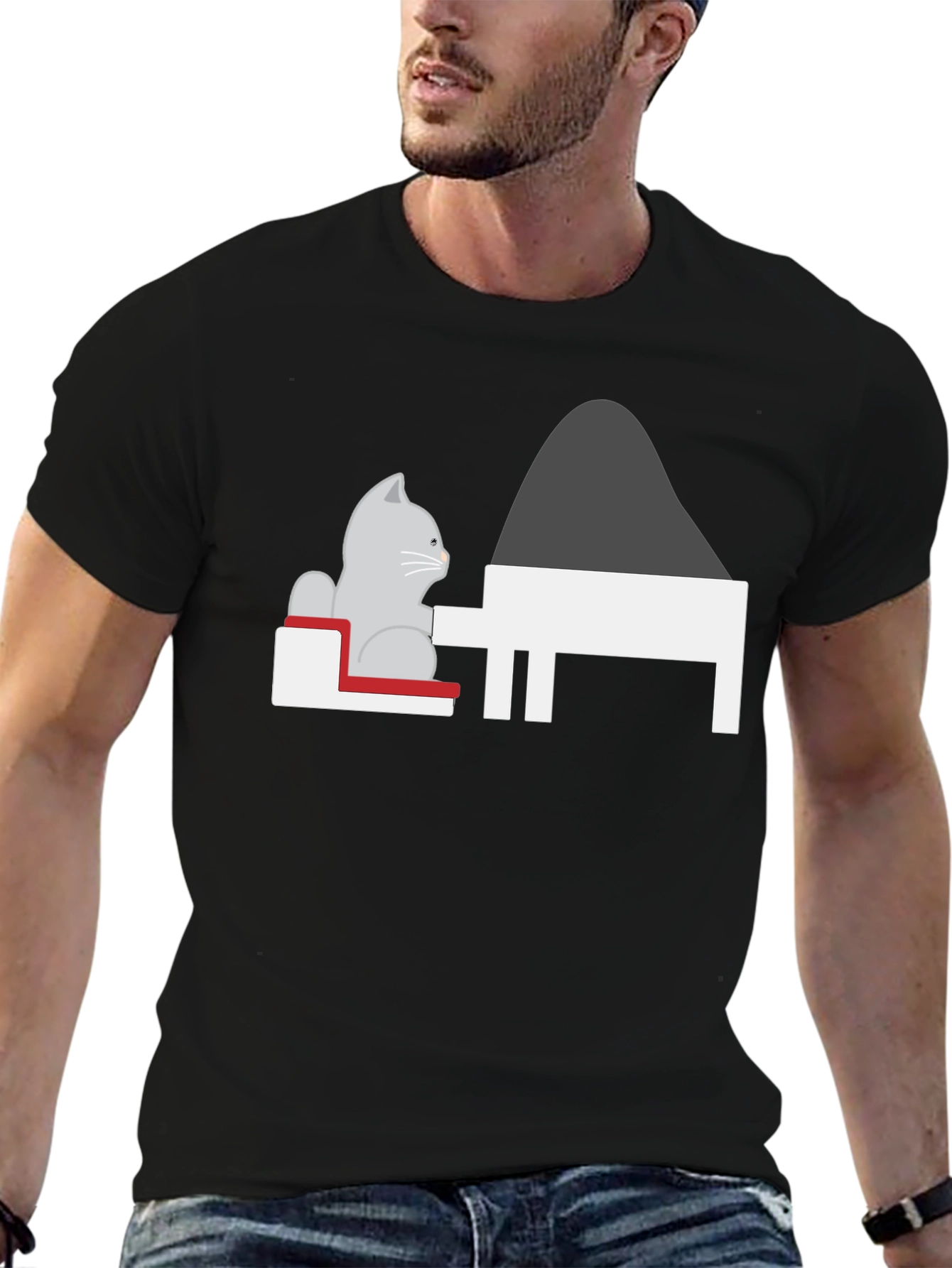 Cat at Piano T-Shirt - Black Unique Design
