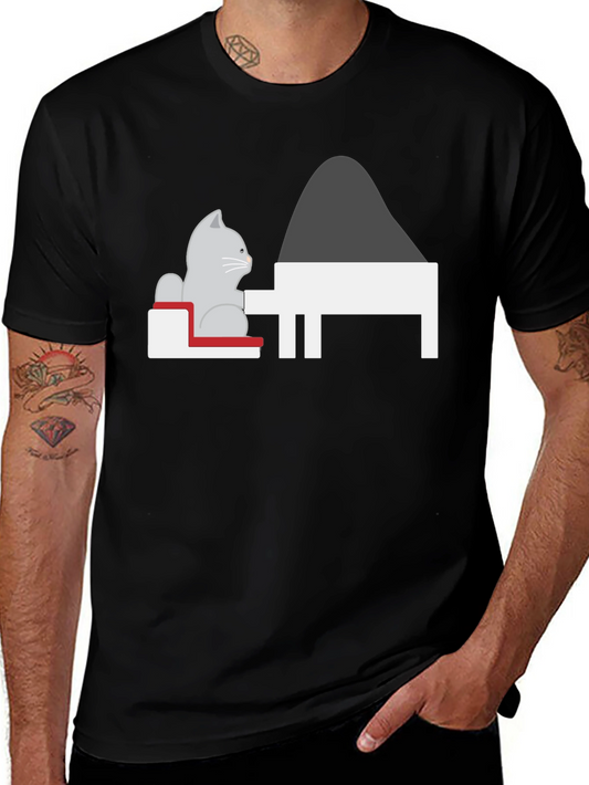 Cat at Piano T-Shirt - Black Unique Design
