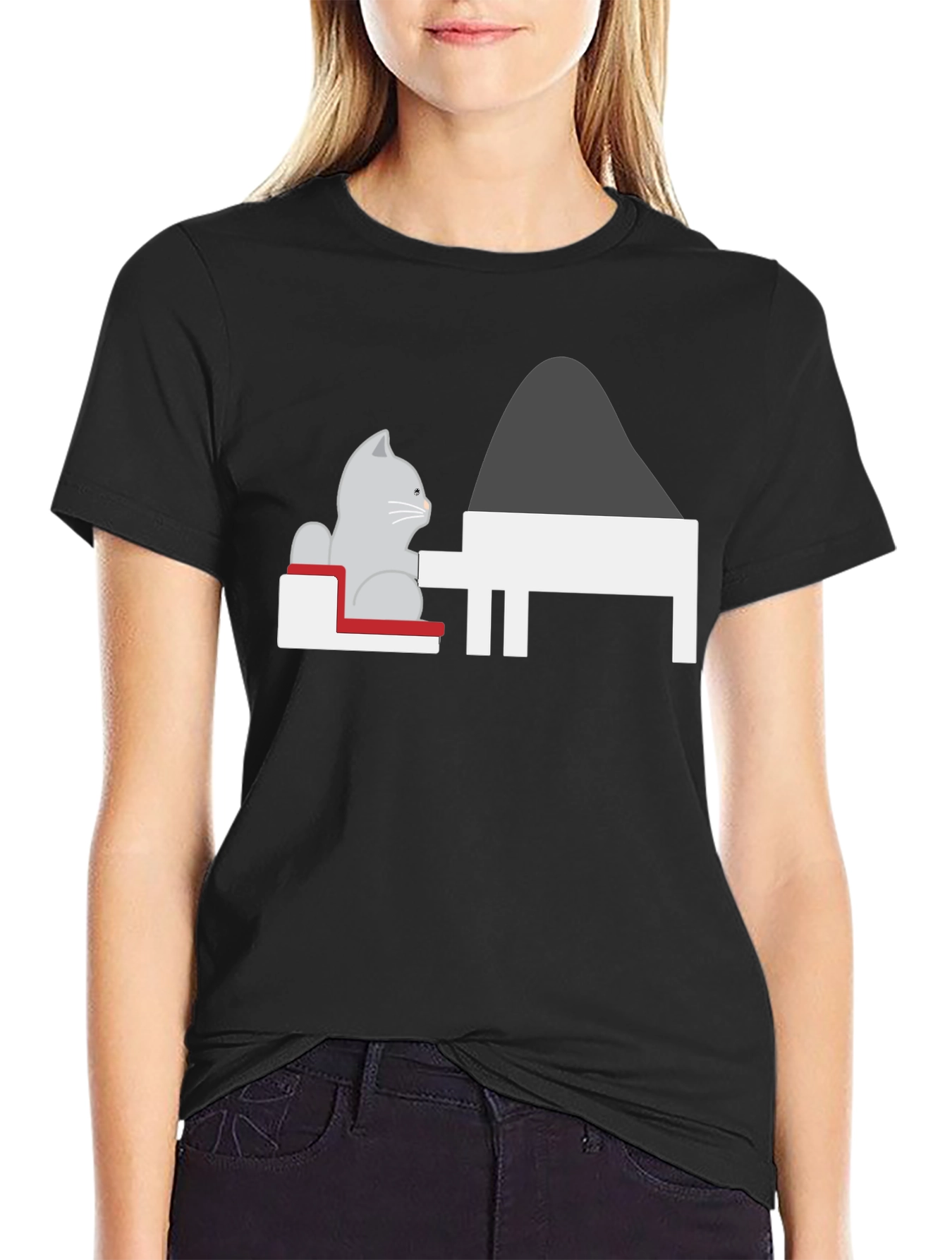 Cat at Piano T-Shirt - Black Unique Design