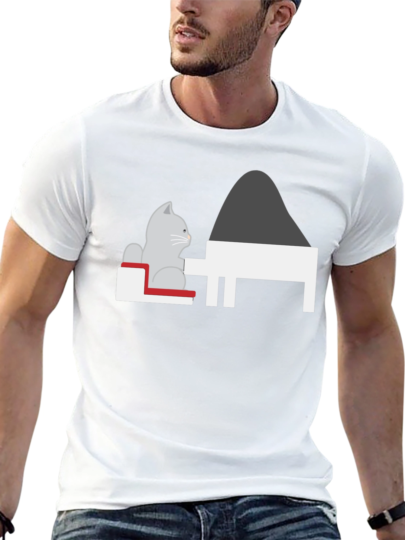 Cat at Piano T-Shirt - Black Unique Design