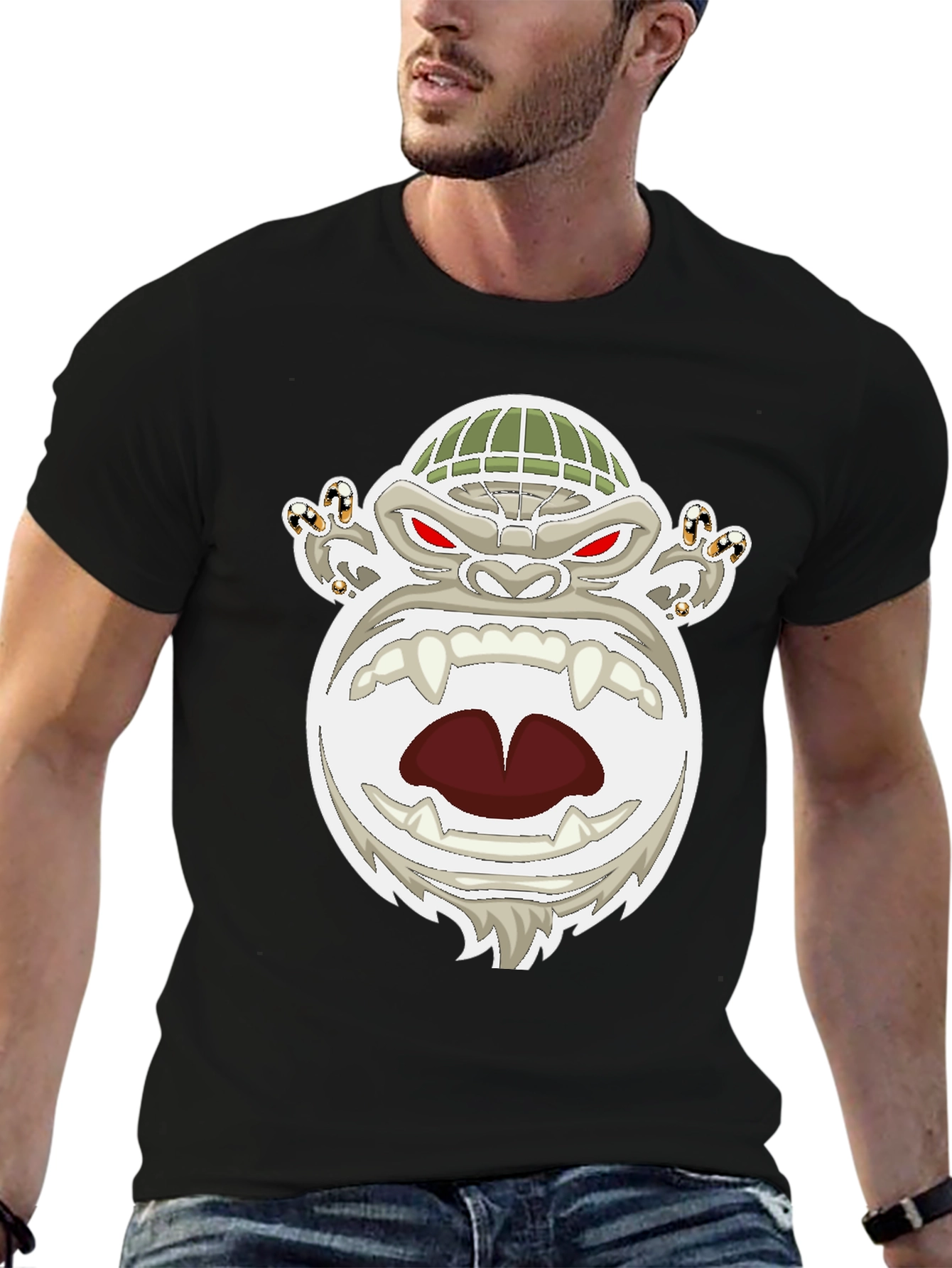 Mens Black T-Shirt with Cartoon Gorilla Graphic