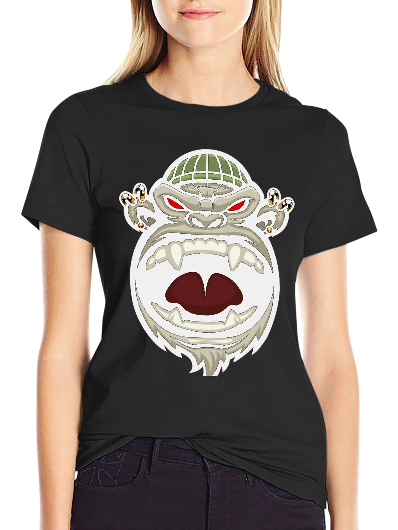 Mens Black T-Shirt with Cartoon Gorilla Graphic