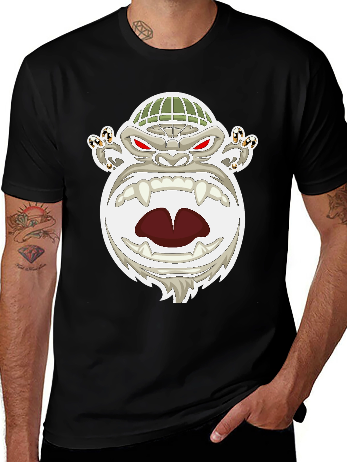 Mens Black T-Shirt with Cartoon Gorilla Graphic