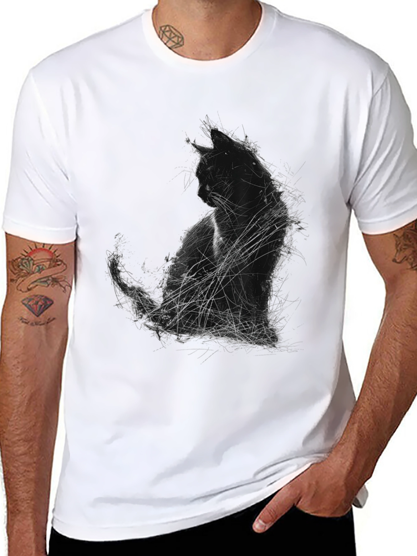 Abstract Cat Graphic Print Black T-Shirt