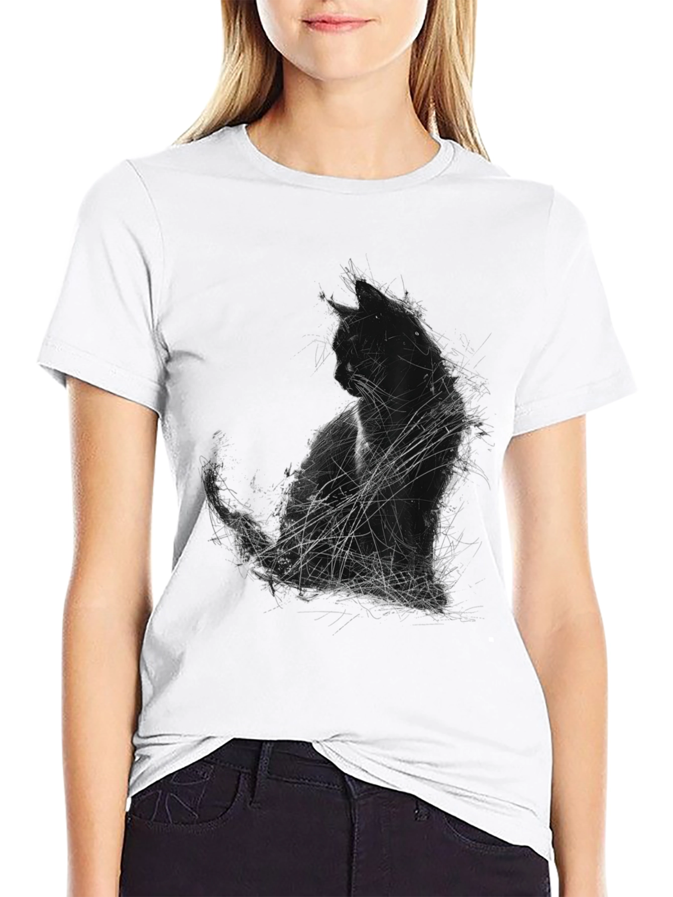 Abstract Cat Graphic Print Black T-Shirt