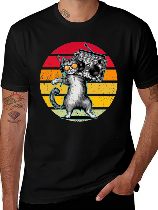 Retro Cat Boombox T-Shirt - Vintage Style