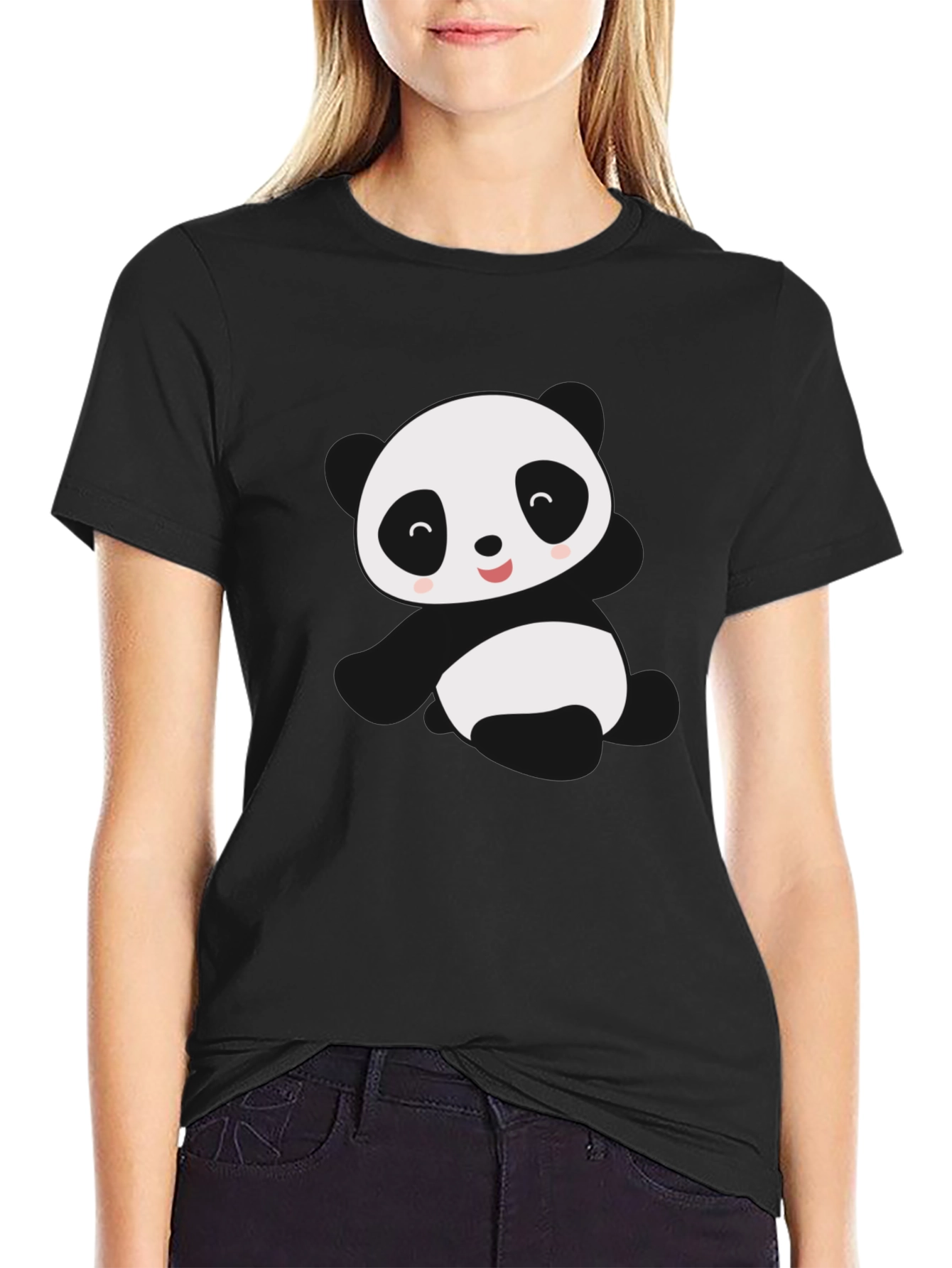Cute Panda Graphic Tee - Black Cotton Blend