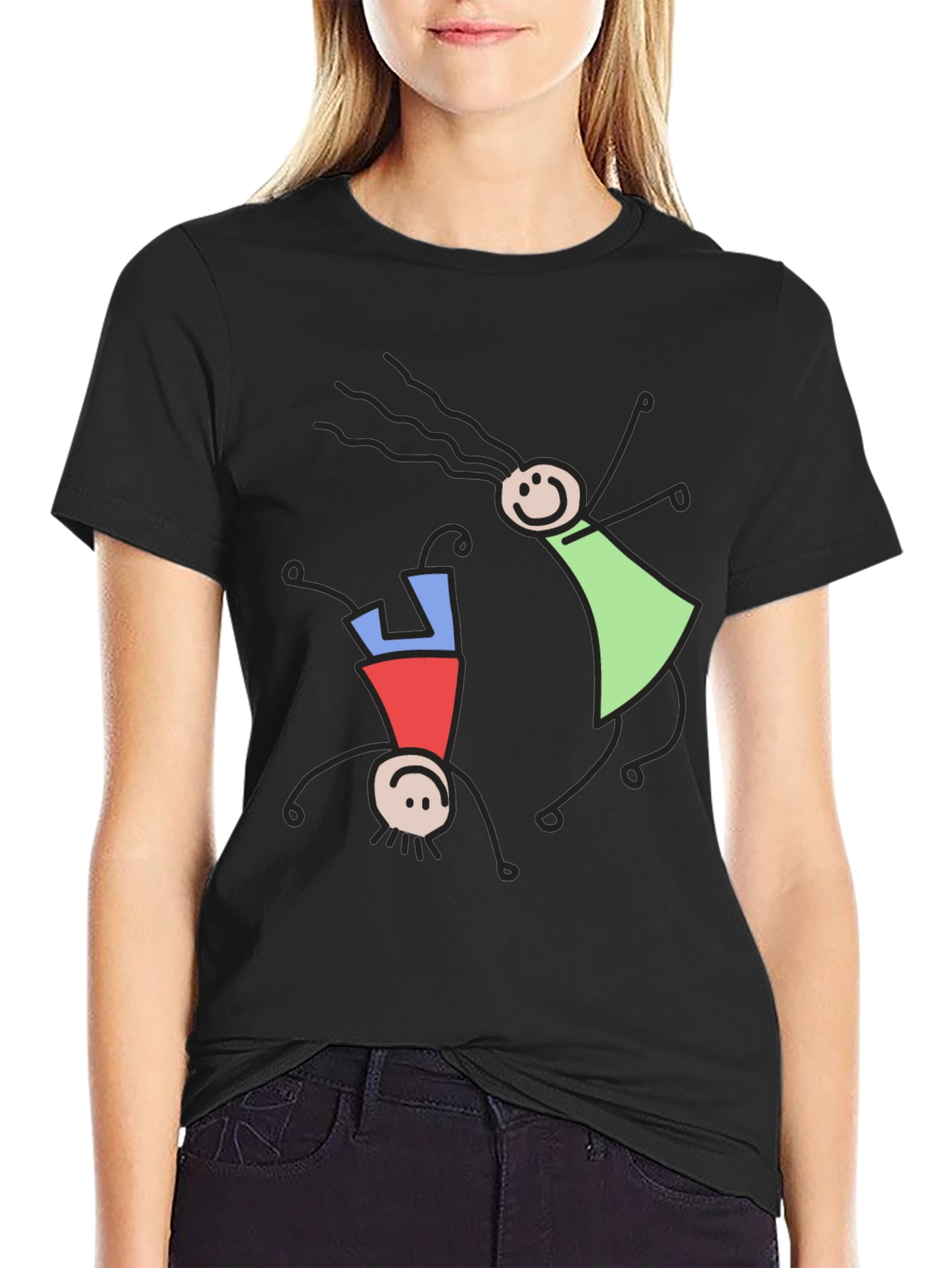 Whimsical Stick Figure Graphic Tee - Black