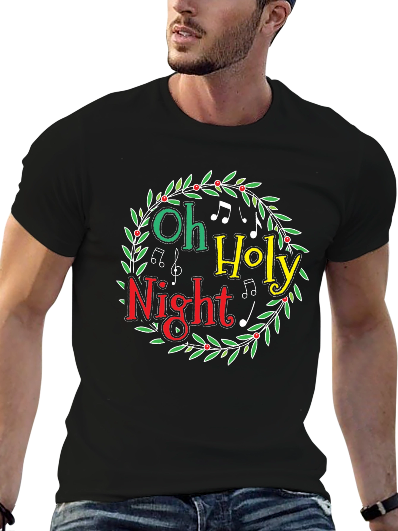 Oh Holy Night Christmas Wreath Graphic T-Shirt