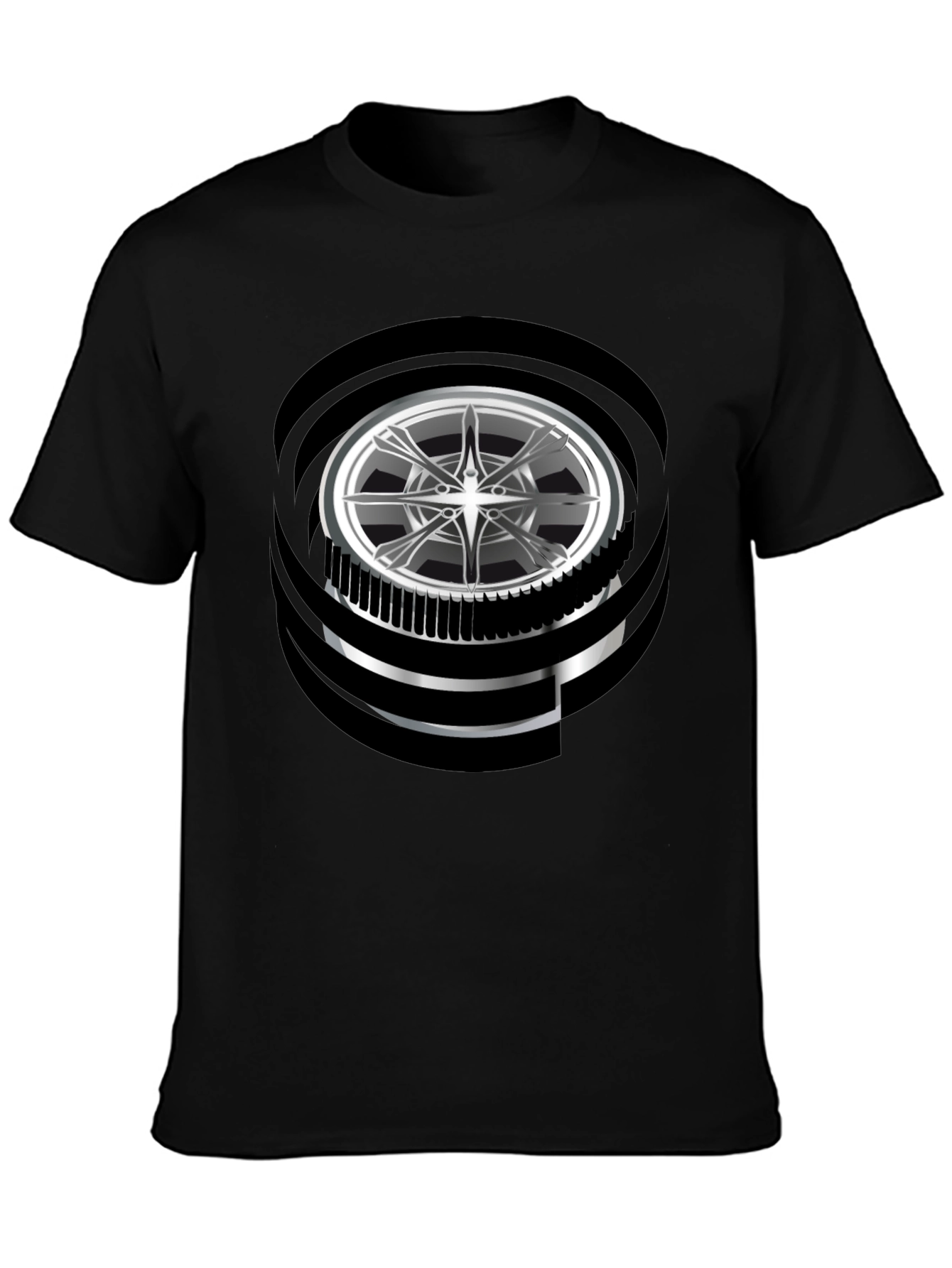 Modern Graphic Wheel Design Black T-Shirt