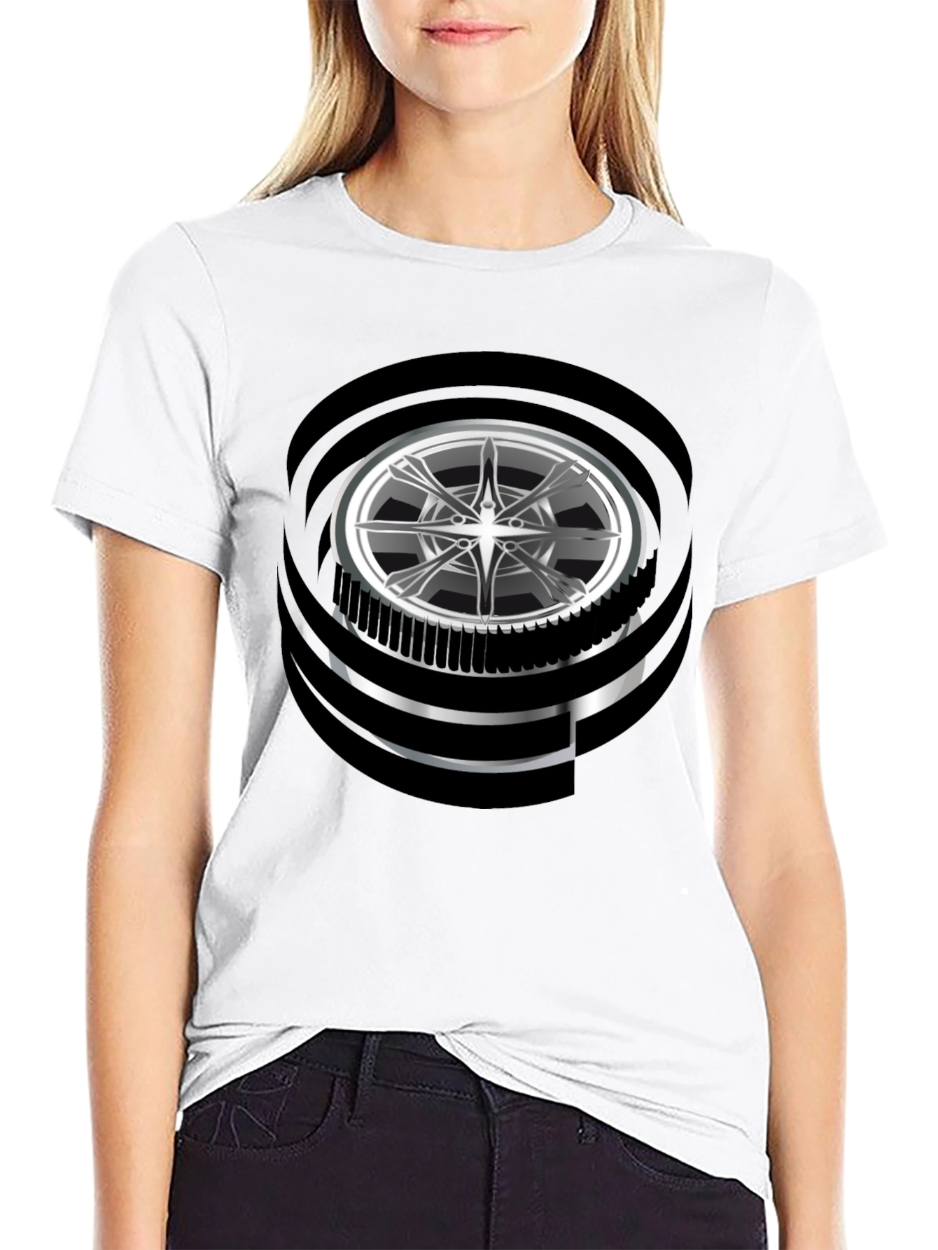 Modern Graphic Wheel Design Black T-Shirt