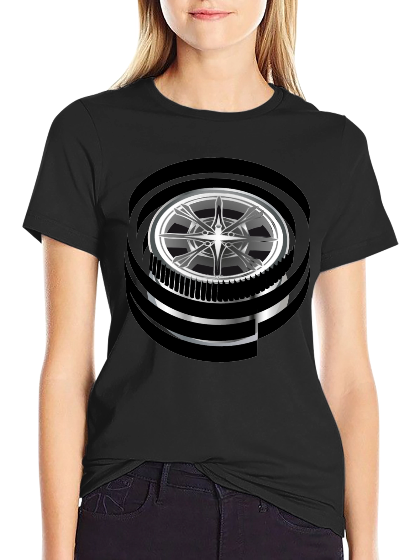 Modern Graphic Wheel Design Black T-Shirt