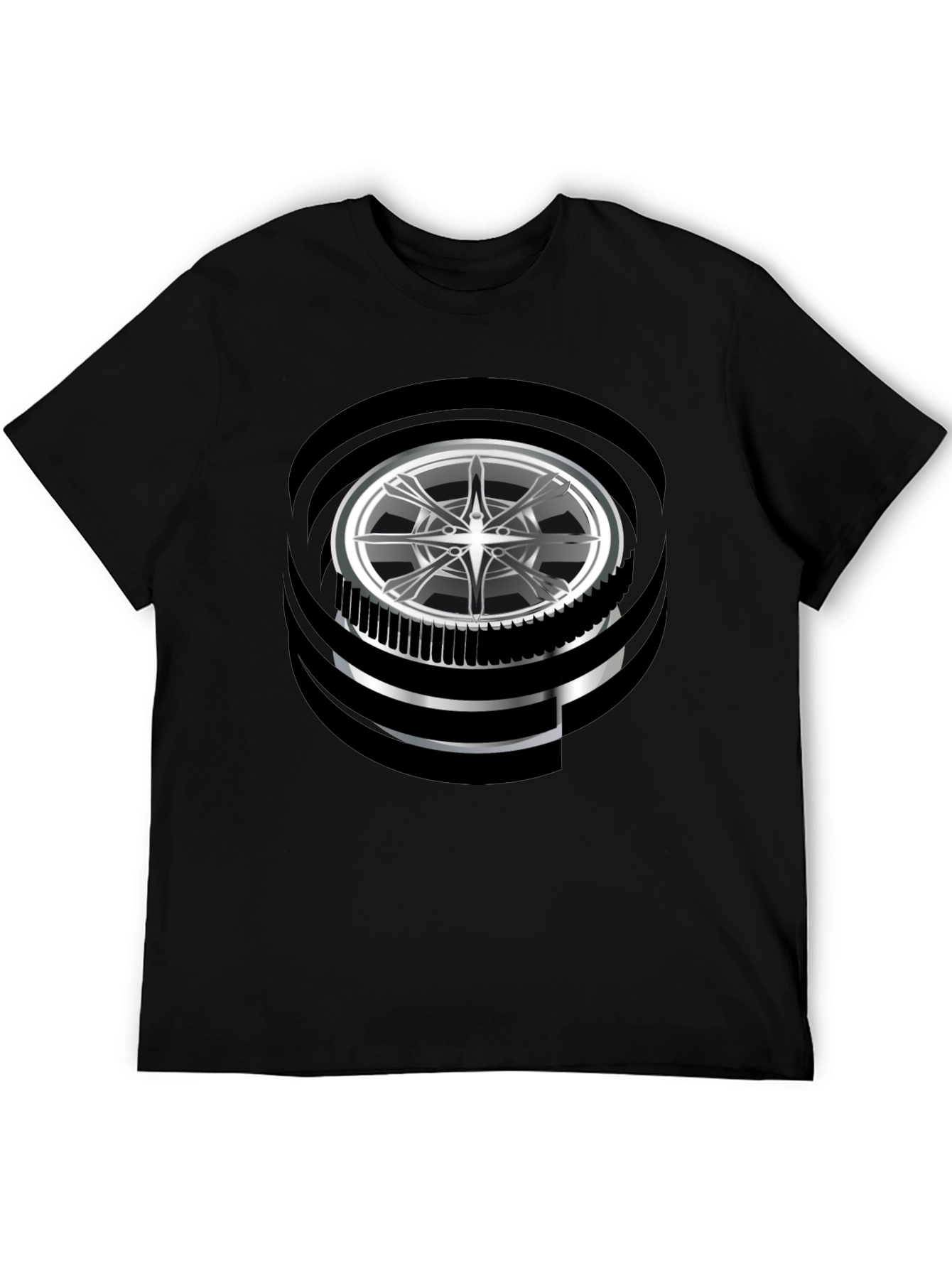 Modern Graphic Wheel Design Black T-Shirt