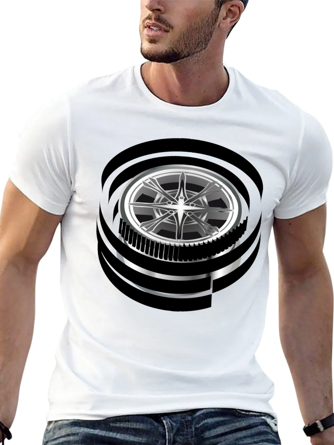 Modern Graphic Wheel Design Black T-Shirt
