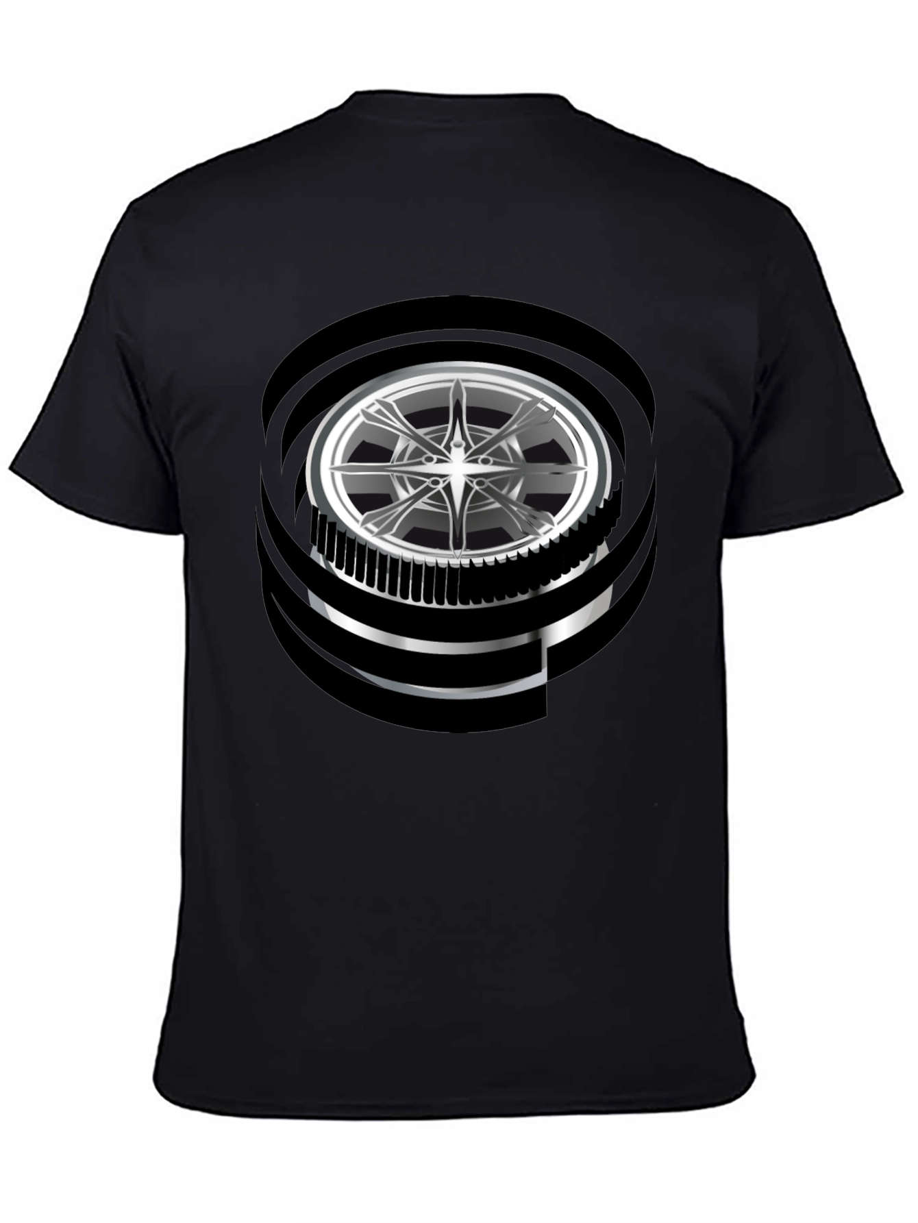 Modern Graphic Wheel Design Black T-Shirt