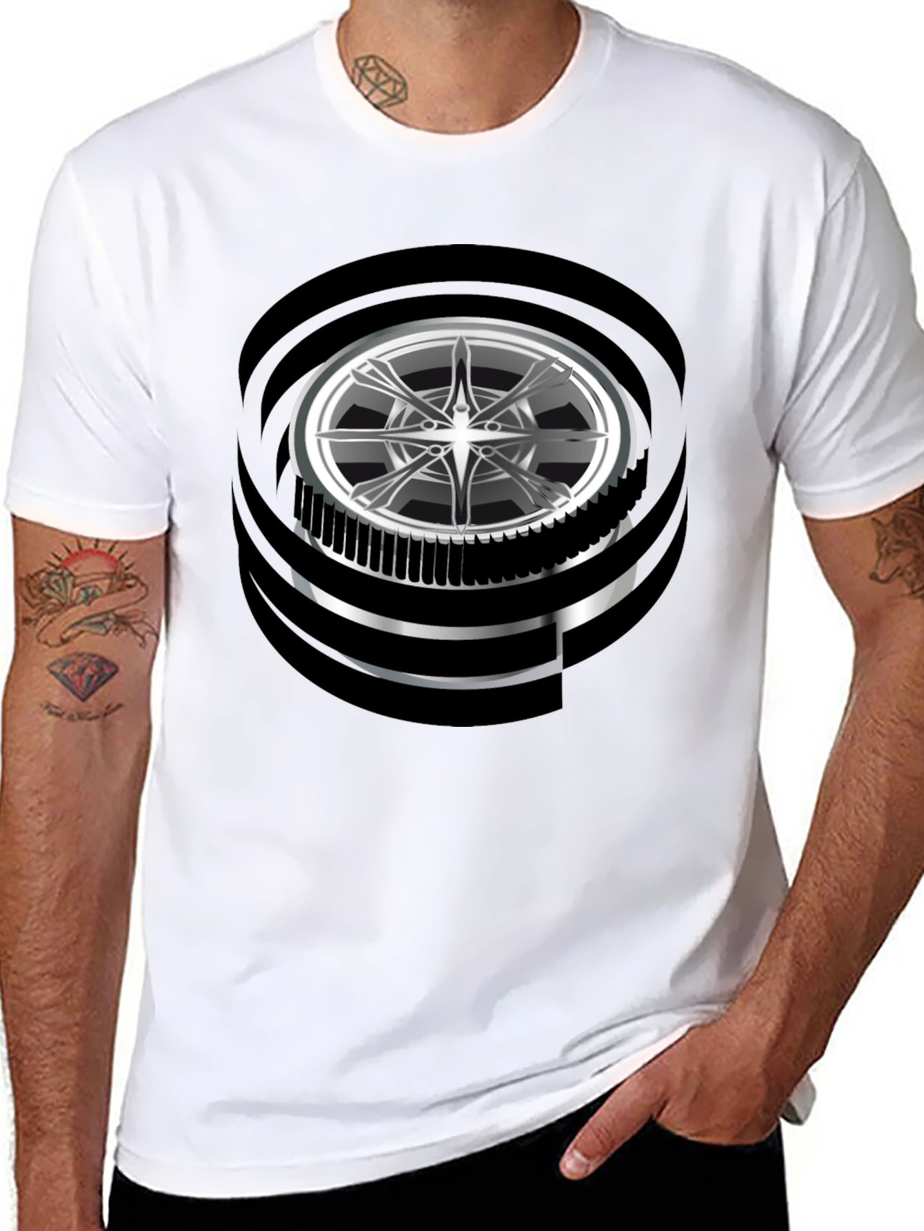 Modern Graphic Wheel Design Black T-Shirt